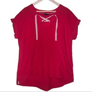 Tommy Hilfiger Bright Red High Low V-Neck Oversized Short Sleeve Top